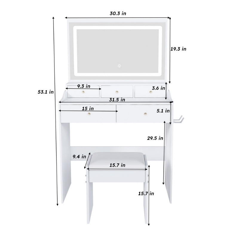 Modern White Makeup Vanity Set with Power Outlet, Hair Dryer Holder and Adjustable Lighting