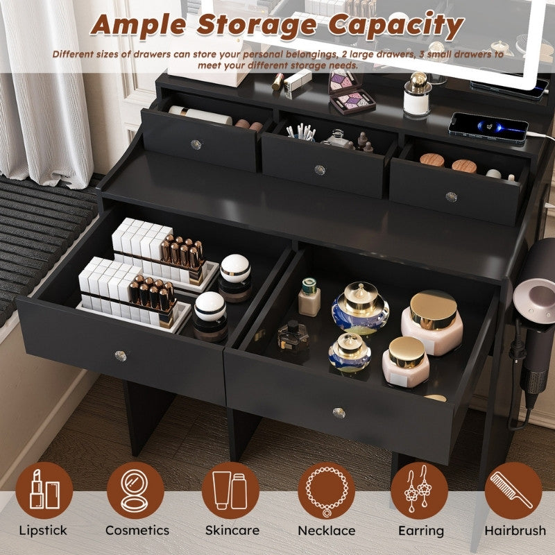 Modern Black Makeup Vanity Set with Power Outlet, Hair Dryer Holder and Adjustable Lighting