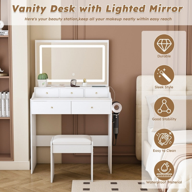 Modern White Makeup Vanity Set with Power Outlet, Hair Dryer Holder and Adjustable Lighting