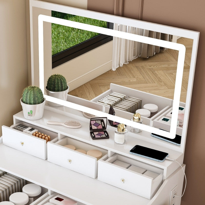 Modern White Makeup Vanity Set with Power Outlet, Hair Dryer Holder and Adjustable Lighting