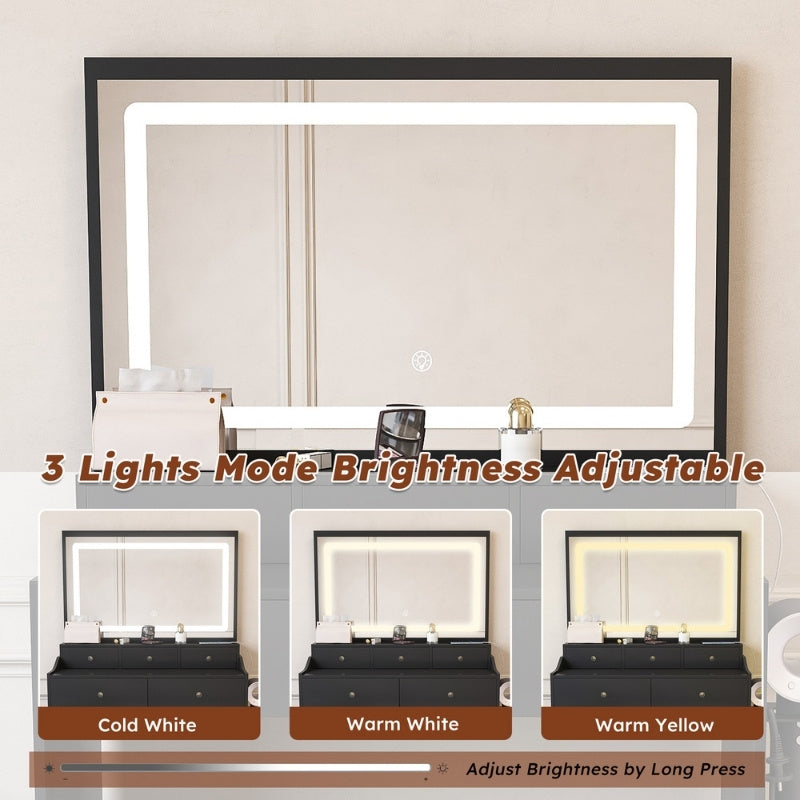 Modern Black Makeup Vanity Set with Power Outlet, Hair Dryer Holder and Adjustable Lighting