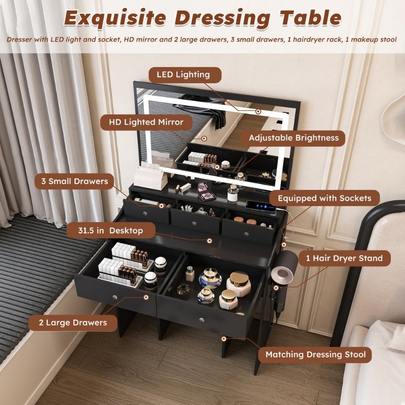 Modern Black Makeup Vanity Set with Power Outlet, Hair Dryer Holder and Adjustable Lighting