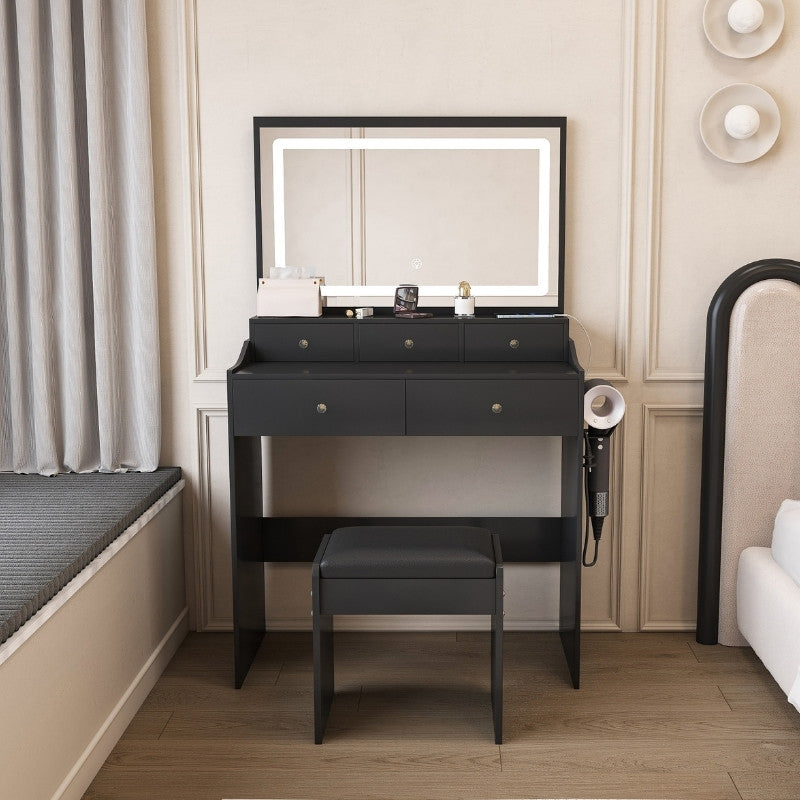 Modern Black Makeup Vanity Set with Power Outlet, Hair Dryer Holder and Adjustable Lighting
