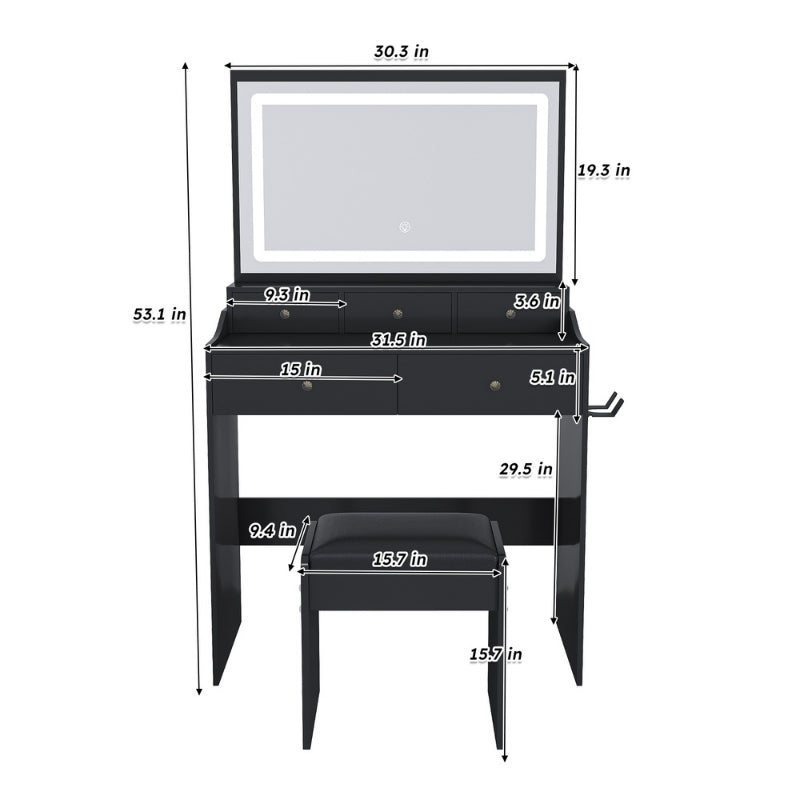 Modern Black Makeup Vanity Set with Power Outlet, Hair Dryer Holder and Adjustable Lighting