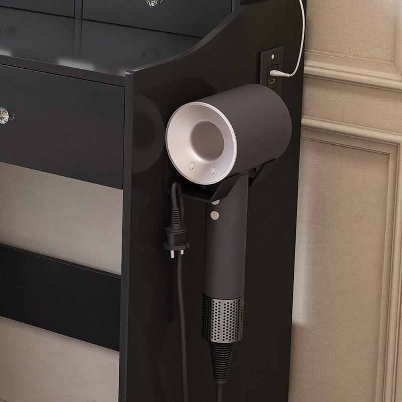 Modern Black Makeup Vanity Set with Power Outlet, Hair Dryer Holder and Adjustable Lighting