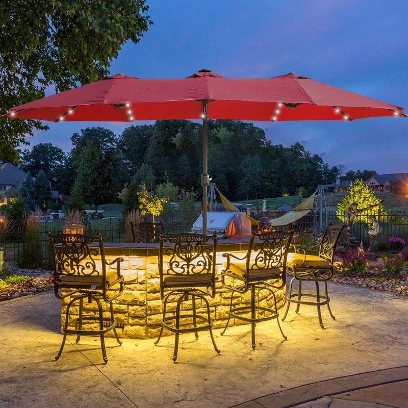 Modernein Double-Sided Patio Umbrella with Solar Light and Base - 15x9 FT