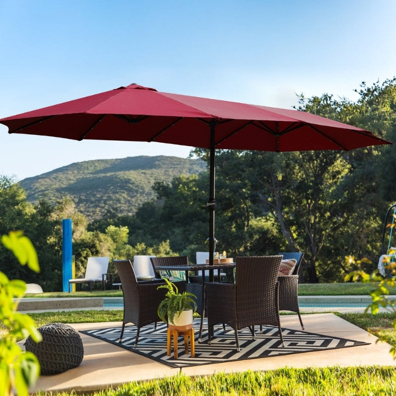 Modernein Double-Sided Patio Umbrella with Solar Light and Base - 15x9 FT