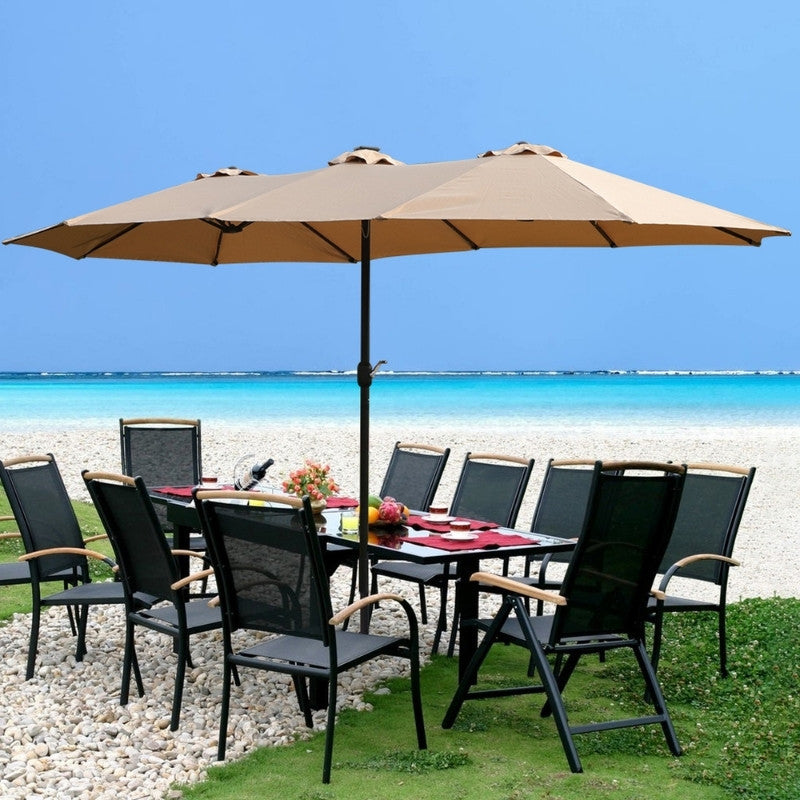 Modernein Double-Sided Patio Umbrella with Solar Light and Base - 15x9 FT