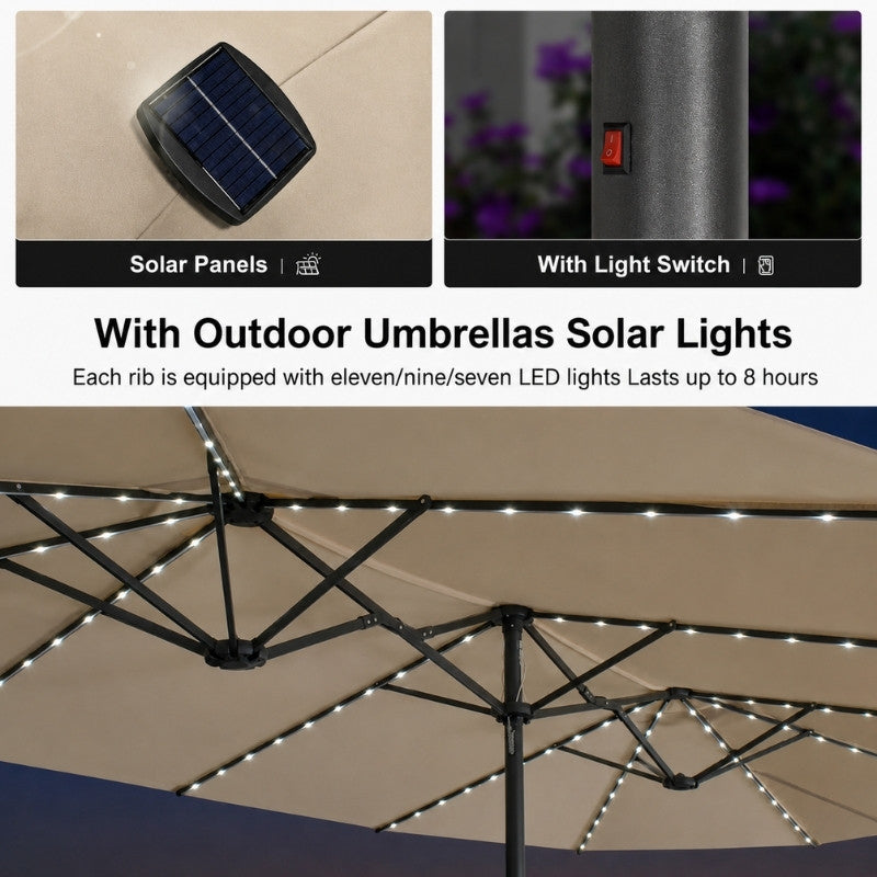 Modernein Double-Sided Patio Umbrella with Solar Light and Base - 15x9 FT