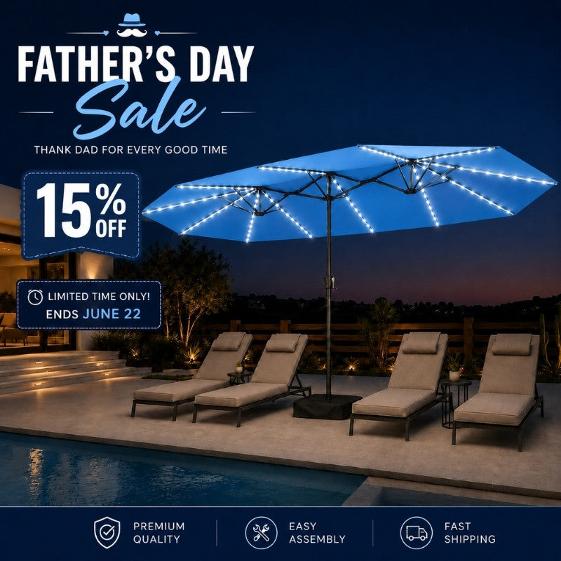 Modernein Double-Sided Patio Umbrella with Solar Light and Base - 15x9 FT