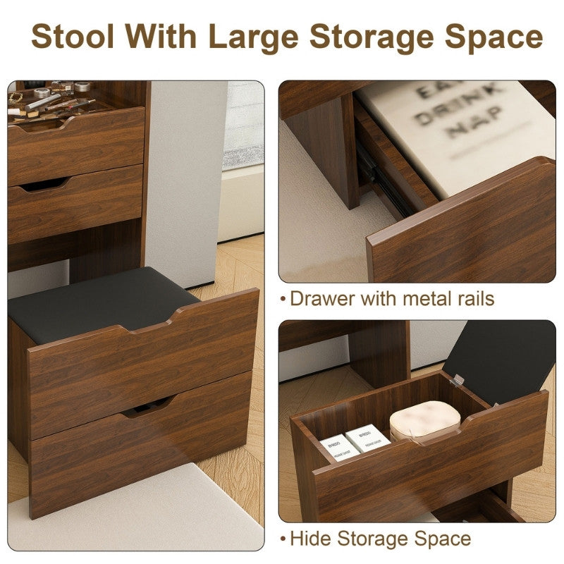 3-in-1 Vanity Desk with Lighted Mirror & Stool
