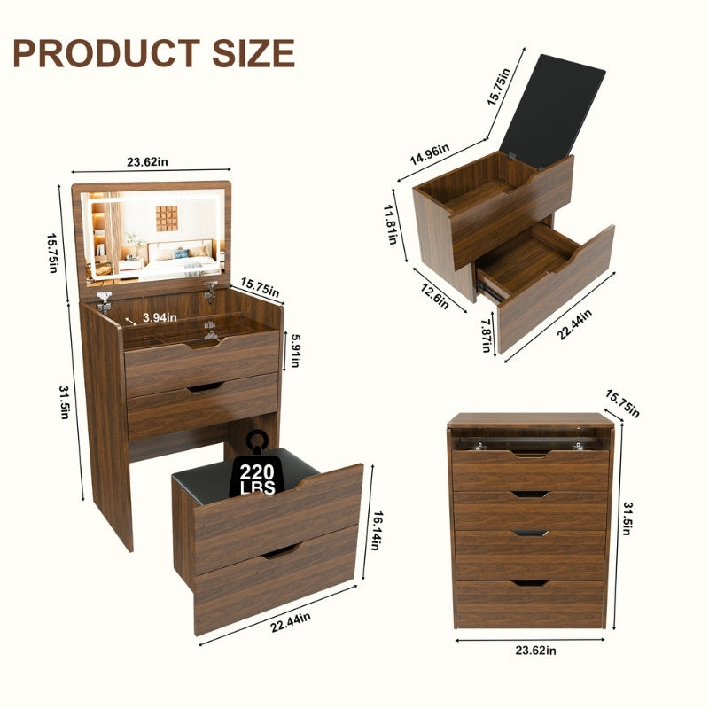 3-in-1 Vanity Desk with Lighted Mirror & Stool