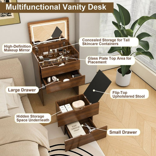 3-in-1 Vanity Desk with Lighted Mirror & Stool