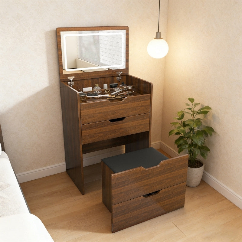 3-in-1 Vanity Desk with Lighted Mirror & Stool