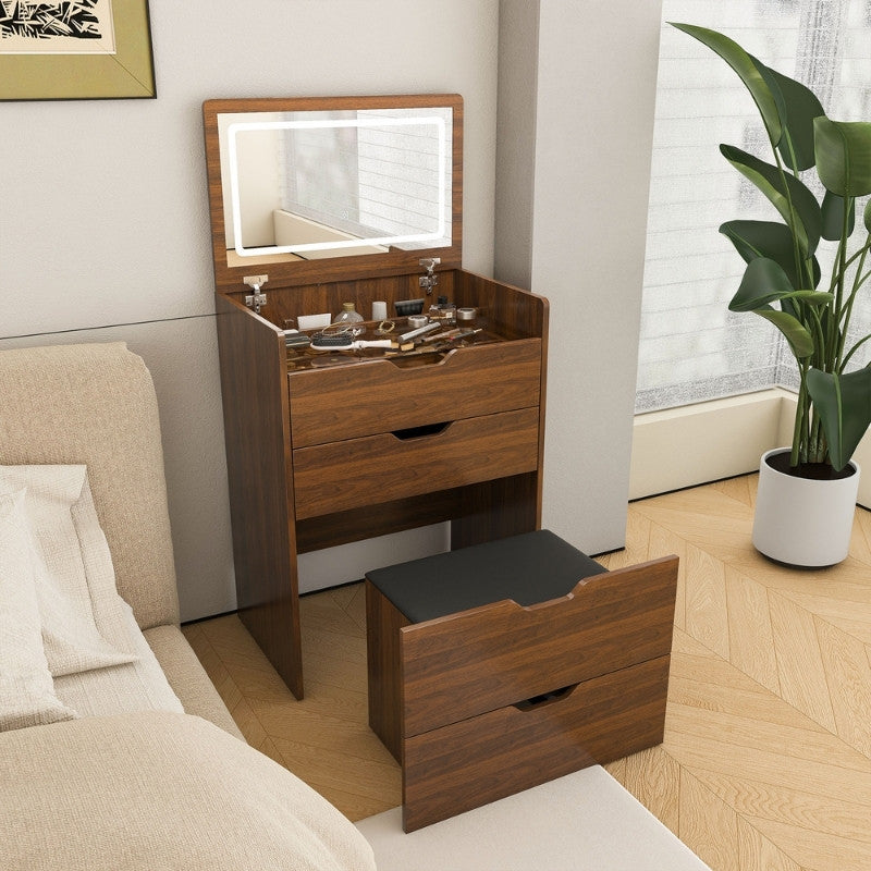 3-in-1 Vanity Desk with Lighted Mirror & Stool